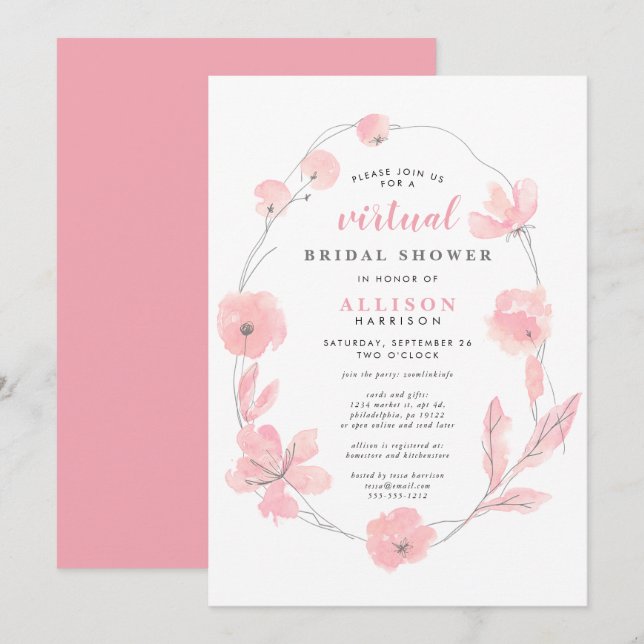 Invitación Ducha virtual de novias | Acuarela Floral Rosa (Anverso / Reverso)