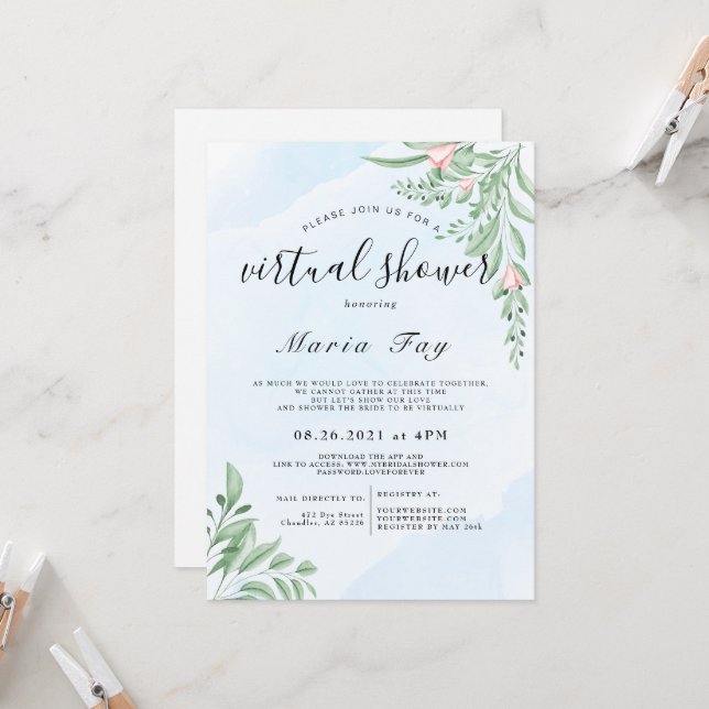Invitación Ducha virtual de novias Boho Dusty Blue Eucalyptus (Anverso/Reverso In Situ)