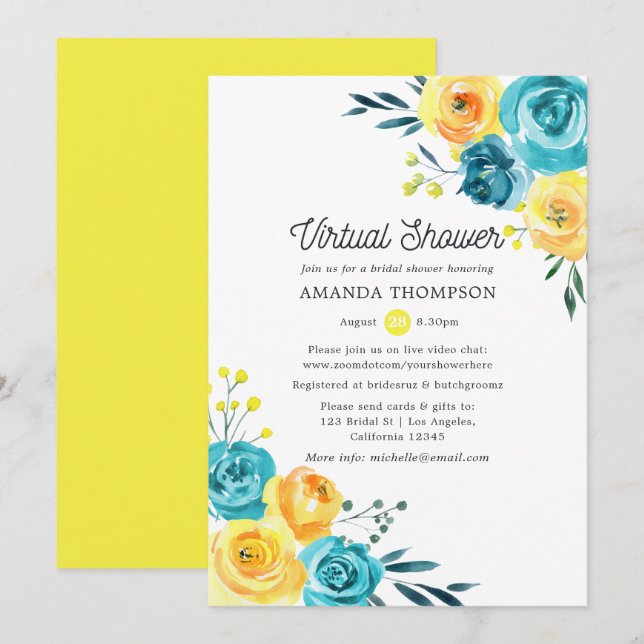Invitación Ducha virtual de novias con flores amarillas y tur (Anverso / Reverso)