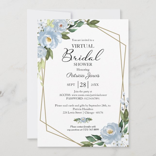 Invitación Ducha virtual de novias con flores azules geométri (Anverso)