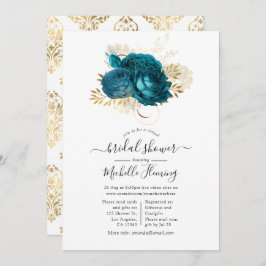 Invitación Ducha virtual de novias con flores de oro y turque