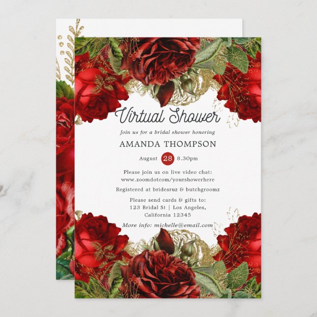 Invitación Ducha virtual de novias con vinagre de oro y rojo  (Anverso / Reverso)