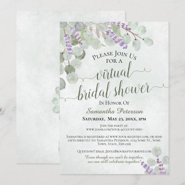 Invitación Ducha virtual de novias de eucalipto y lavanda rús (Anverso / Reverso)