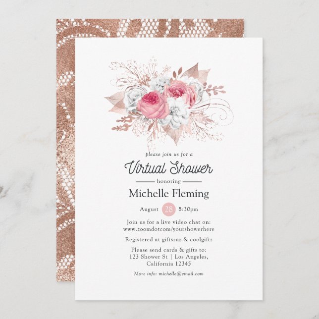 Invitación Ducha virtual de novias floral y de encaje (Anverso / Reverso)