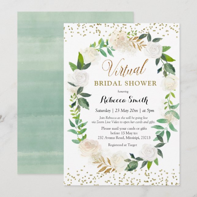 Invitación Ducha virtual de novias romántica floral blanca (Anverso / Reverso)