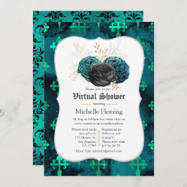 Invitación Ducha virtual de novias verde azulada, negra y dor