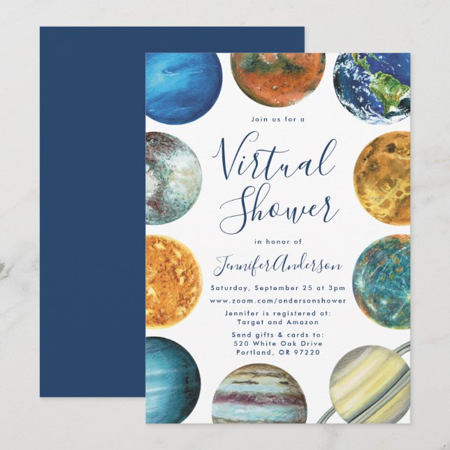 Invitación Ducha Virtual de Planetas con Acuarela para el Beb (Anverso / Reverso)