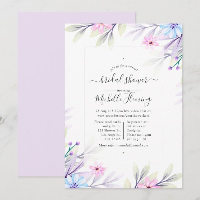 Invitación Ducha virtual floral de acuarela pastel (Anverso / Reverso)