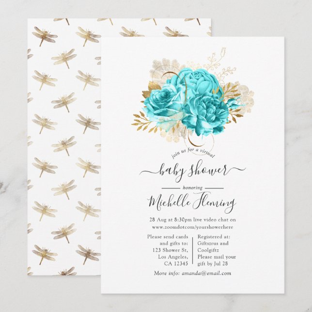 Invitación Ducha virtual floral de aqua azul y dorado (Anverso / Reverso)