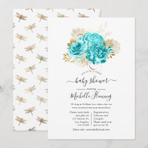 Invitación Ducha virtual floral de aqua azul y dorado