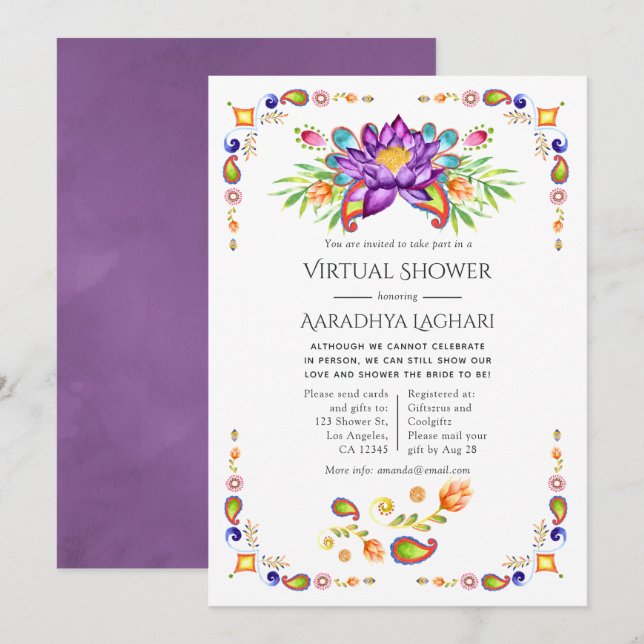 Invitación Ducha virtual floral de moda india de estampado de (Anverso / Reverso)