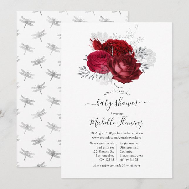 Invitación Ducha virtual floral roja y plateada (Anverso / Reverso)