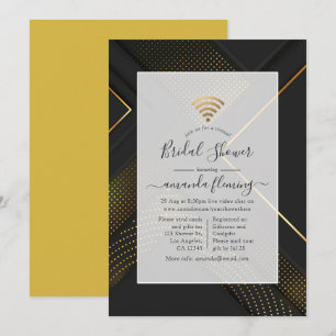Invitación Ducha Virtual Geométrica Moderna en Negro y Dorado