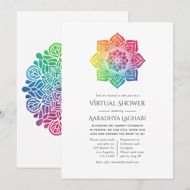 Invitación Ducha virtual india de Rainbow Mandala (Anverso / Reverso)