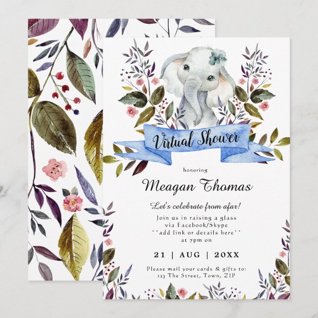 Invitación ducha virtual nuevos planes elefante ducha de bebé (Anverso / Reverso)