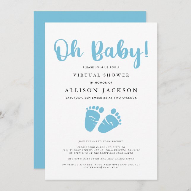 Invitación Ducha virtual Oh Baby Boy | Pies de bebé azules si (Anverso / Reverso)