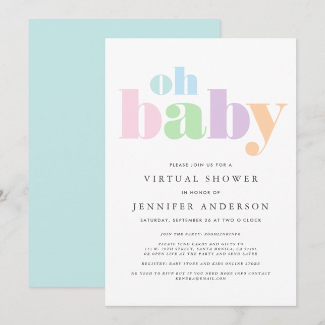 Invitación Ducha virtual | Oh Baby Pastel Minimal Moderno (Anverso / Reverso)