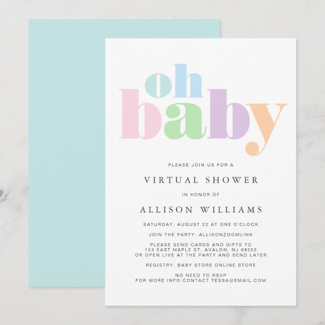 Invitación Ducha virtual Oh Baby Pastel Typografía moderna (Anverso / Reverso)