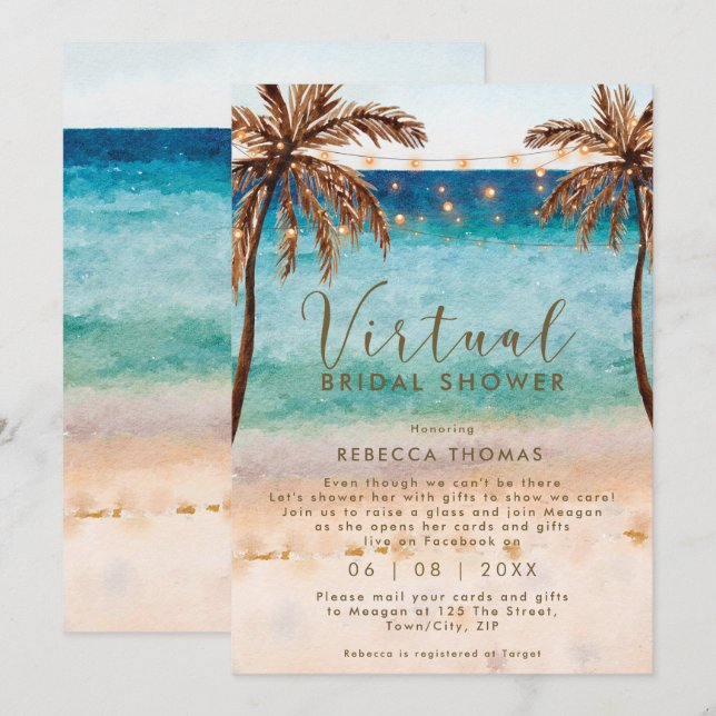 Invitación ducha virtual por correo playa ducha de novia (Anverso / Reverso)