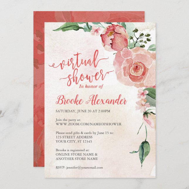 Invitación Ducha virtual rosa y floral (Anverso / Reverso)