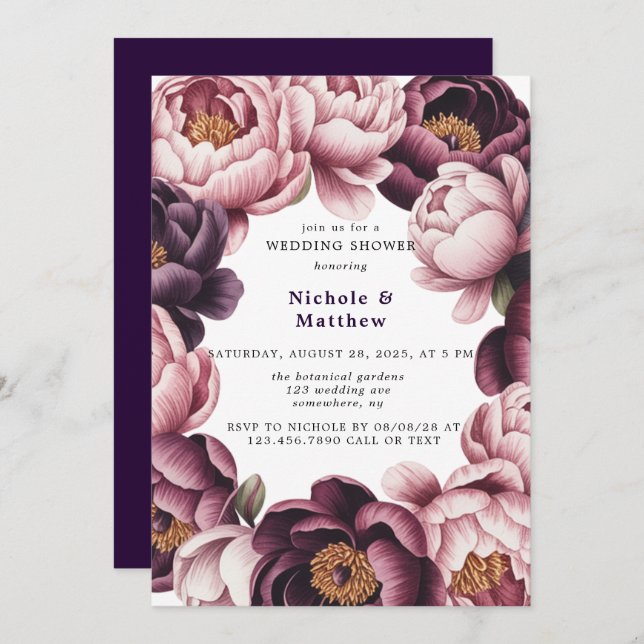 Invitación Ducha Wreath de Rubor y Plum Peony (Anverso / Reverso)