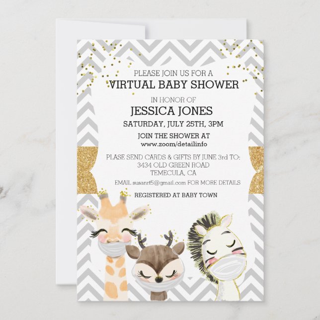 Invitación Duchas de Bebé Animales Chevron Dorado Virtuales (Anverso)