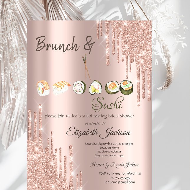 Invitación Duchas de Novia de Sushi con Brillo de Oro Rosa (Subido por el creador)