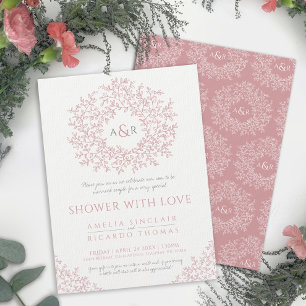 Invitación Duchas de parejas en monograma de la hoja rosa Rub