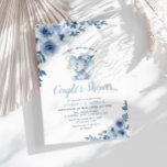 Invitación duchas de parejas florales de color azul elefante<br><div class="desc">un diseño floral con flores azules polvorientas pintadas de color agua y un elefante bebé. El texto y los colores se pueden personalizar.</div>