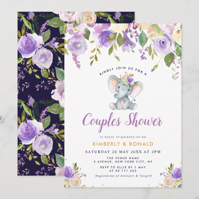 Invitación duchas de parejas florales de elefante morado pequ (Anverso / Reverso)