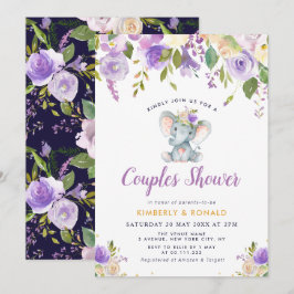 Invitación duchas de parejas florales de elefante morado pequ