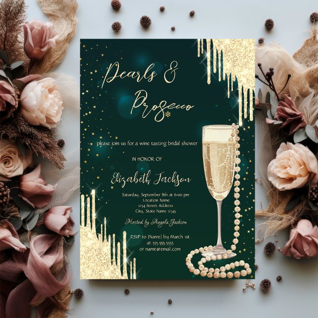 Invitación Duchas doradas perlas verdes Prosecco Desayuno de  (Subido por el creador)
