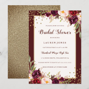 Invitación Duche de Baño Floral Borgoña Nupcial