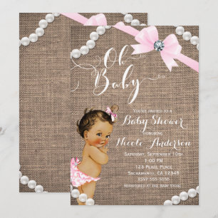 Invitación Duche de bebé Burlap & Pearls lazo rosa morena bro