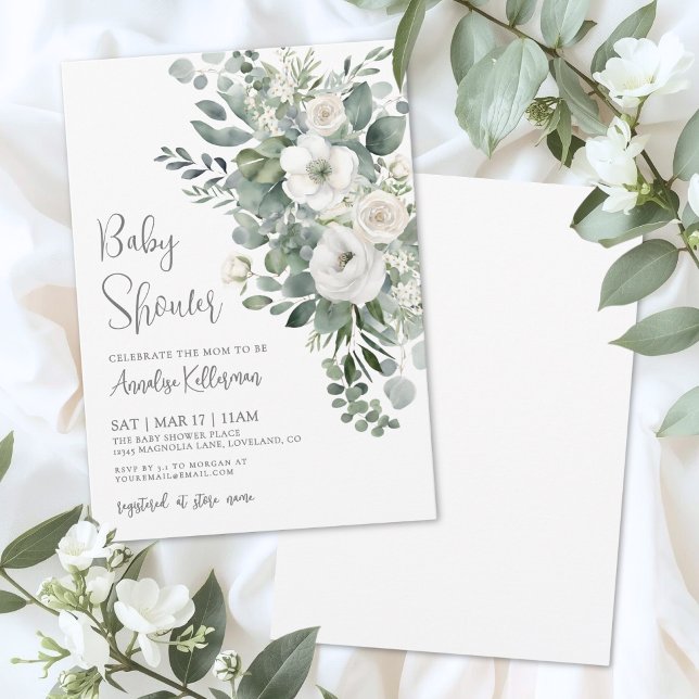 Invitación Duche de Bebé de Flores Elegantes de Eucalipto (Eucalyptus Elegant Floral Baby Shower Invitation)