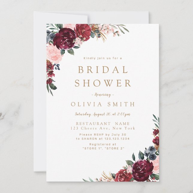 Invitación Duche de boda floral boho rústico de Borgoña (Anverso)