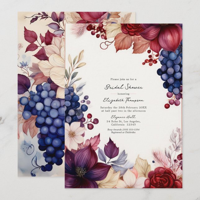 Invitación Duche de Borgoña, Azul Marino y Rosa Desmayado par (Anverso / Reverso)