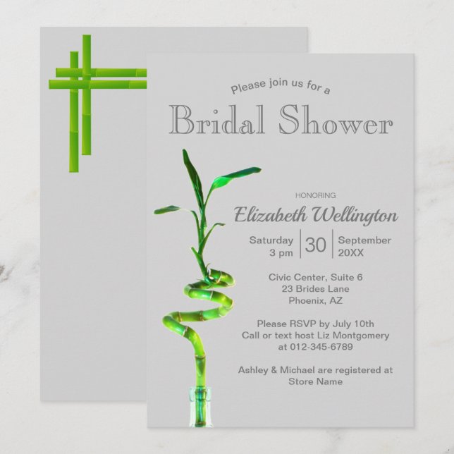 Invitación Duche de Novia Bambú Suerte sobre Gris Plateado (Anverso / Reverso)