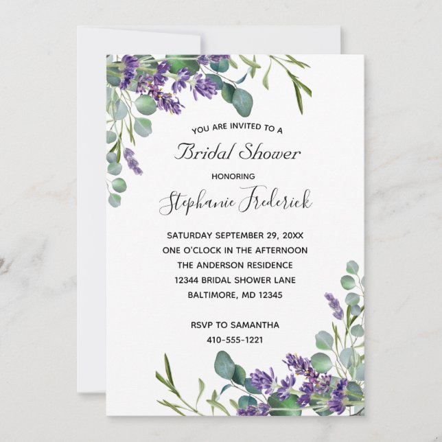 Invitación Duche de Novia con Verde Lavanda y Eucalipto (Anverso)