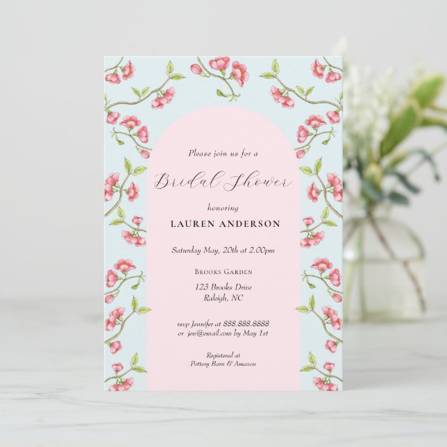 Invitación Duche de Novia Flores de Cerezo Rosadas y Azules (Anverso de pie)