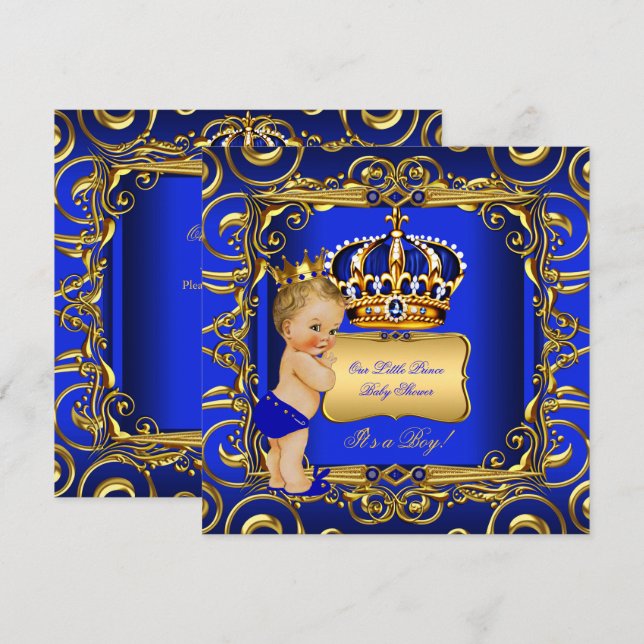 Invitación Duche Principe Baby Shower Azul Rubio Niño Bebé (Anverso / Reverso)