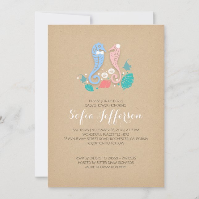 Invitación duchón de bebé de mellizos y chicas lindos caballi (Anverso)