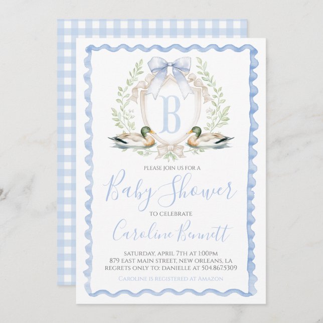Invitación Duck Baby Boy Shower Preppy Gingham Blue (Anverso / Reverso)