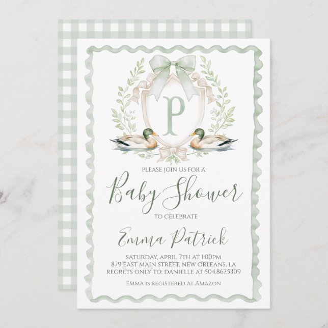 Invitación Duck Baby Boy Shower Preppy Gingham Sage Green (Anverso / Reverso)