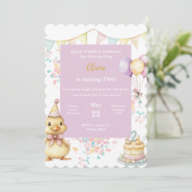 Invitación Duck Birthday Invitation • Little Duckling Party (Anverso de pie)