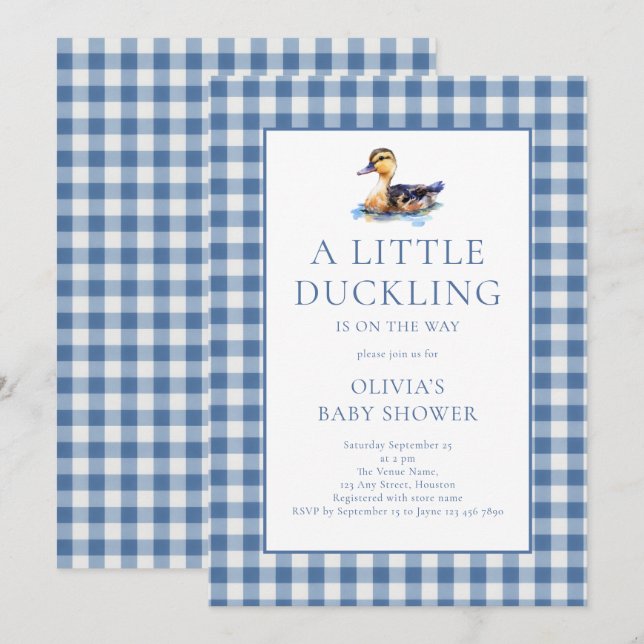 Invitación Duck Blue Gingham Baby Shower (Anverso / Reverso)