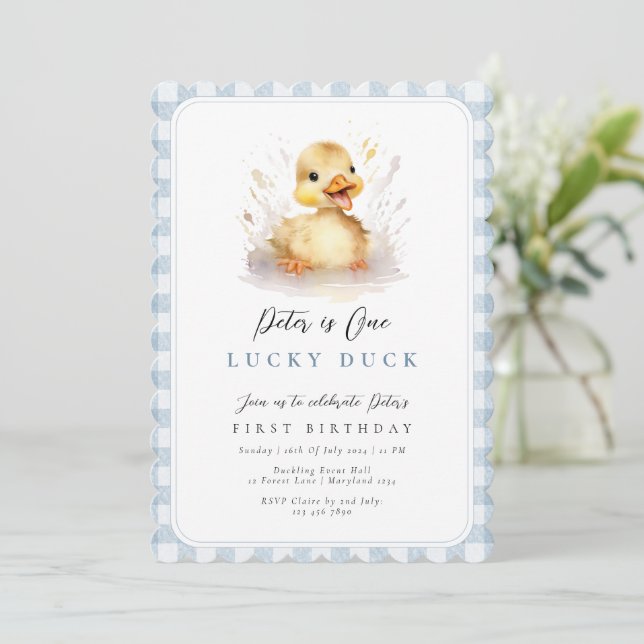 Invitación Duck Blue Gingham Primer Cumpleaños (Anverso de pie)