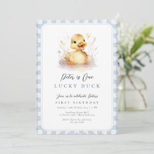 Invitación Duck Blue Gingham Primer Cumpleaños