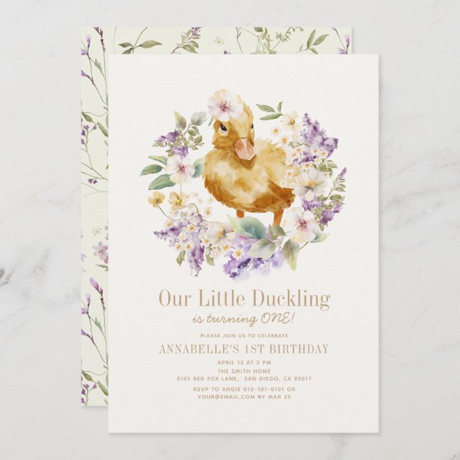 Invitación Duckling Watercolor Floral Chica 1er cumpleaños (Anverso / Reverso)