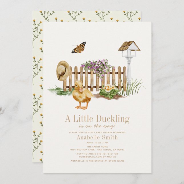 Invitación Duckling Watercolor Garden Chica Baby Shower (Anverso / Reverso)